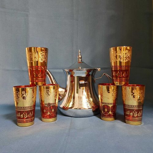 Teekanne Marokkanische Kanne 1 L mit 6 Gläser Gold Marrakesch
